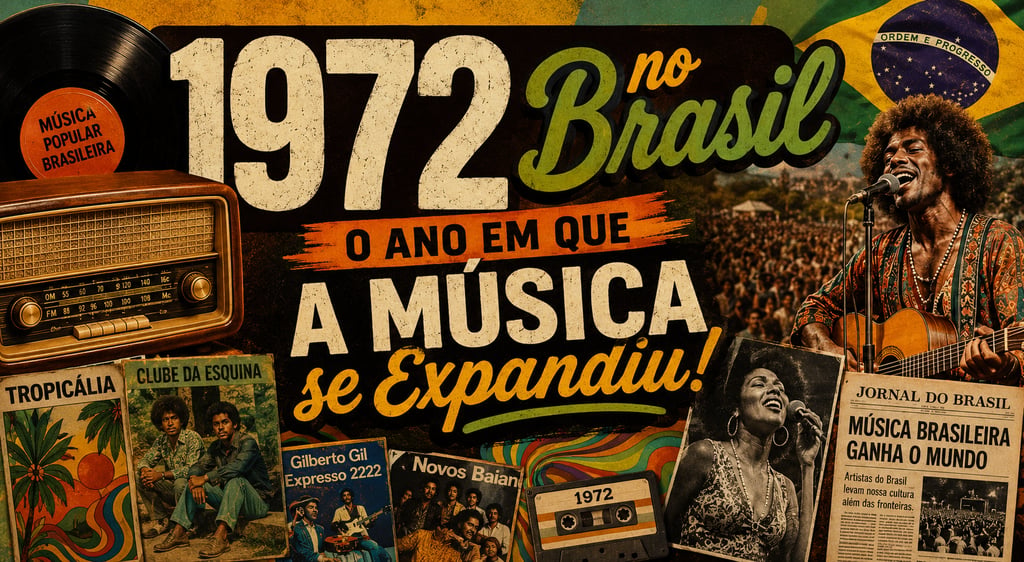 Colagem vintage da música brasileira de 1972 com Gilberto Gil, vinil da Tropicália e um rádio retrô.