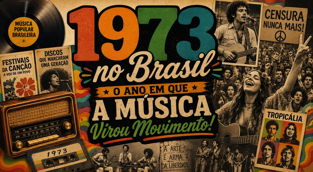 Colagem vintage da história da música brasileira de 1973 com artistas da Tropicália e rádio retrô.