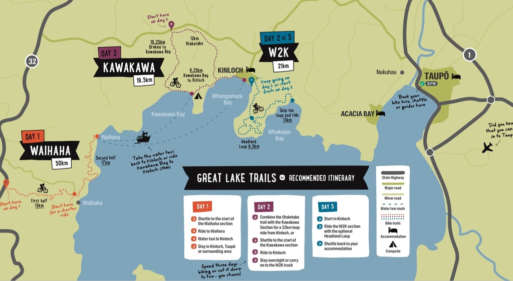 El mapa de recorridos en bicicleta desde Taupo