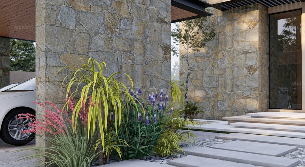 a car parked in front of a stone wall
