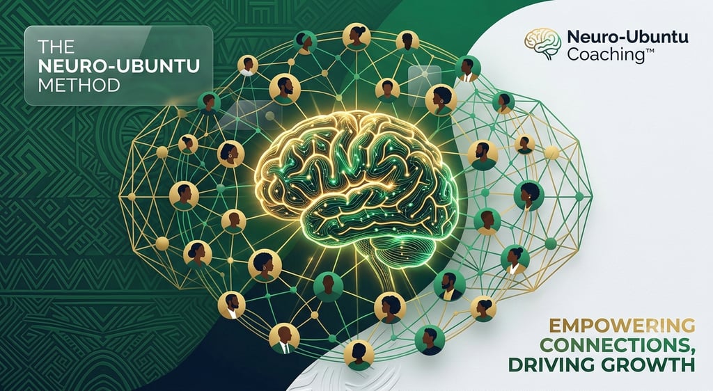 A glowing digital brain illustrating the Neuro-Ubuntu coaching method through a network of connected people.