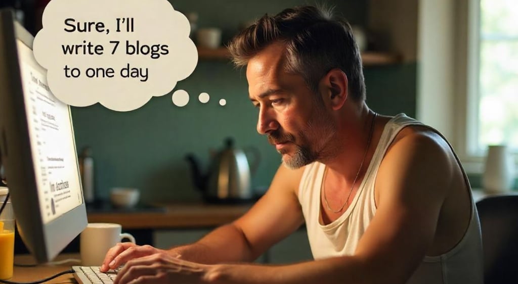 Freelancer slumped over keyboard with thought bubble saying, ‘Sure, I’ll write 7 blogs in one day