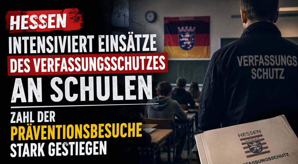 Verfassungsschutz officer in a Hessen school classroom with a German flag, illustrating increased prevention visits.