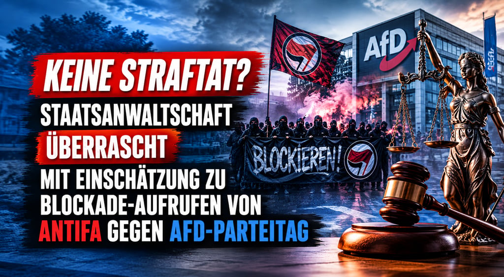 Protesting Antifa activists block an AfD party congress while Lady Justice holds scales near German text.