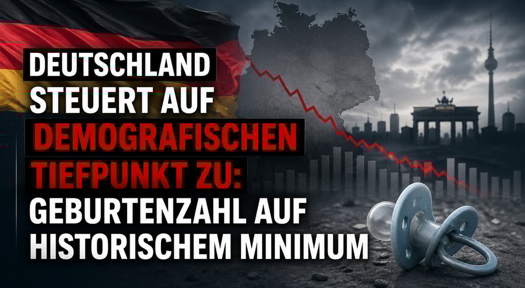 Graphic showing a falling birth rate chart over Germany's map with a pacifier and the Berlin skyline.