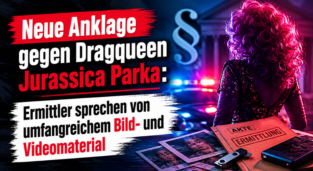 German news headline about charges against drag queen Jurassica Parka with a neon-lit backdrop and case files.