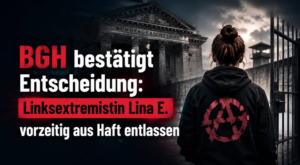 A woman in an anarchy hoodie stands before the Federal Court of Justice regarding the Lina E. verdict.