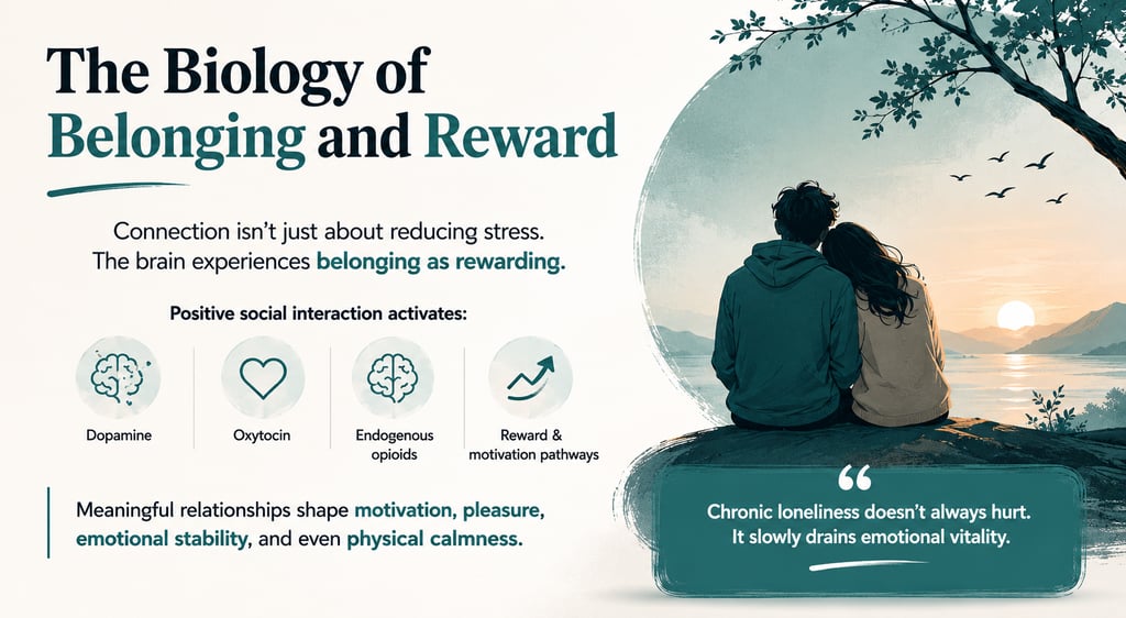 Infographic on the biology of belonging showing how social connection activates dopamine and oxytocin in the brain.
