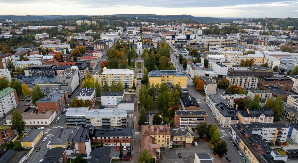 Drone aerial scenery of the city of Kuopio eastern finland Europe. Skyline and street view of the town