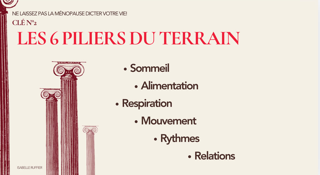 Les 6 piliers du terrain : sommeil, alimentation, respiration, mouvement, rythmes, relations