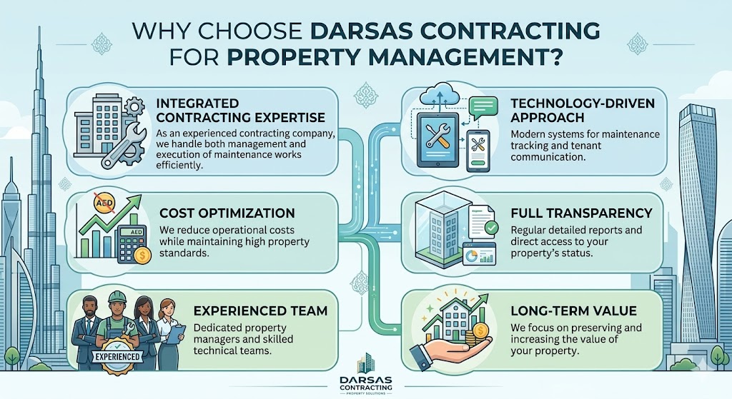 Darsas Contracting infographic showing property management services with icons for maintenance, cost optimization, and