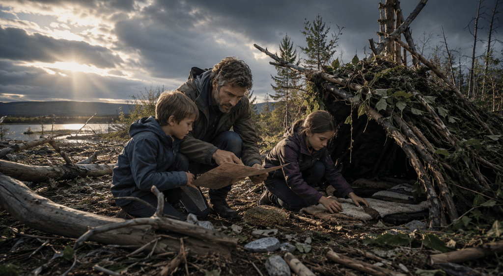 Father and children learning wilderness survival skills by a branch shelter at sunset.