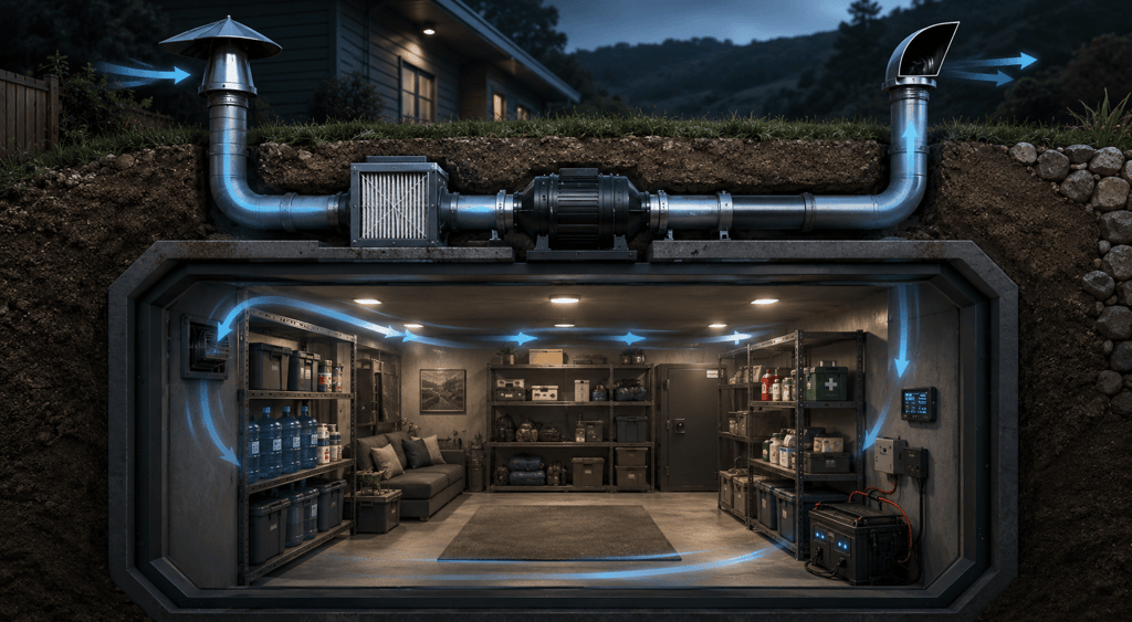 Diagram of an underground survival bunker showing an advanced air filtration and ventilation system.