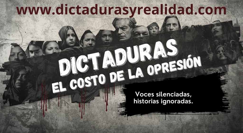 Collage of faces for Dictaduras El Costo de la Opresión, documenting silenced voices and human rights history.