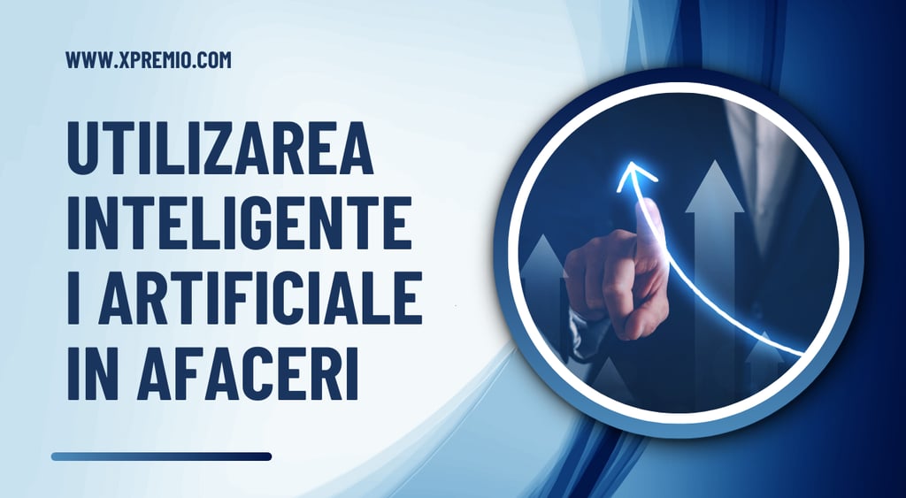 Imagine conceptuala cu o mana care atinge o sageata ascendenta simbolizand cresterea afacerilor prin utilizarea inteligentei 