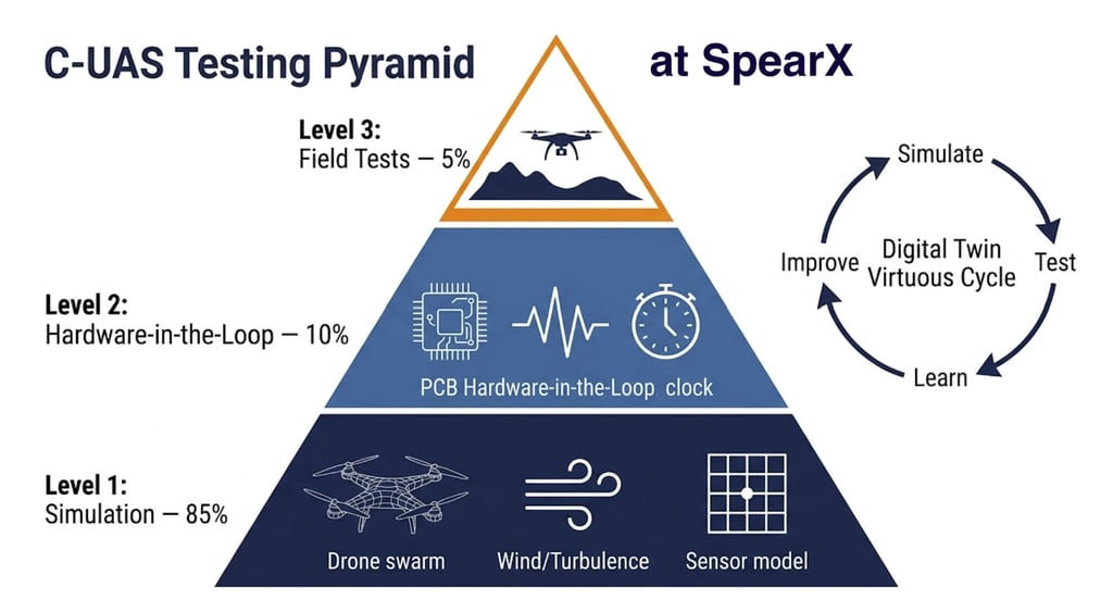 C-UAS testing pyramid infographic showing levels for simulation, hardware-in-the-loop, and field tests.