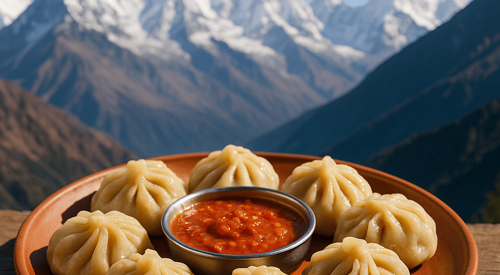 Steaming Himalayan momos on a plate with vibrant chutney, set against snowy mountain peaks.
