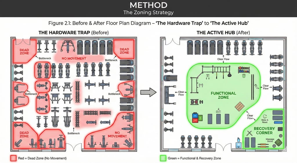 Luxury hotel gym design floor plan showing functional fitness zone vs traditional machine layout.