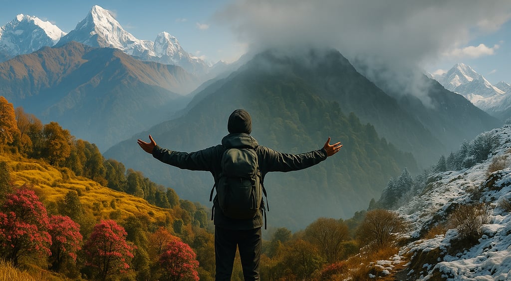 Four-season Himalayan panorama with a trekker embracing nature’s changing beauty.