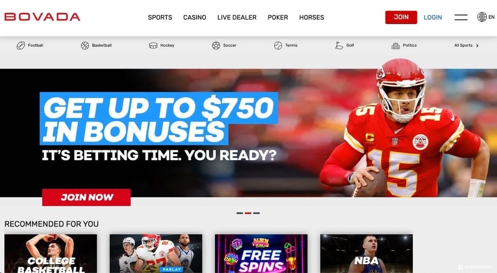 Bovada's home page, best user experience for online casino in Kansas