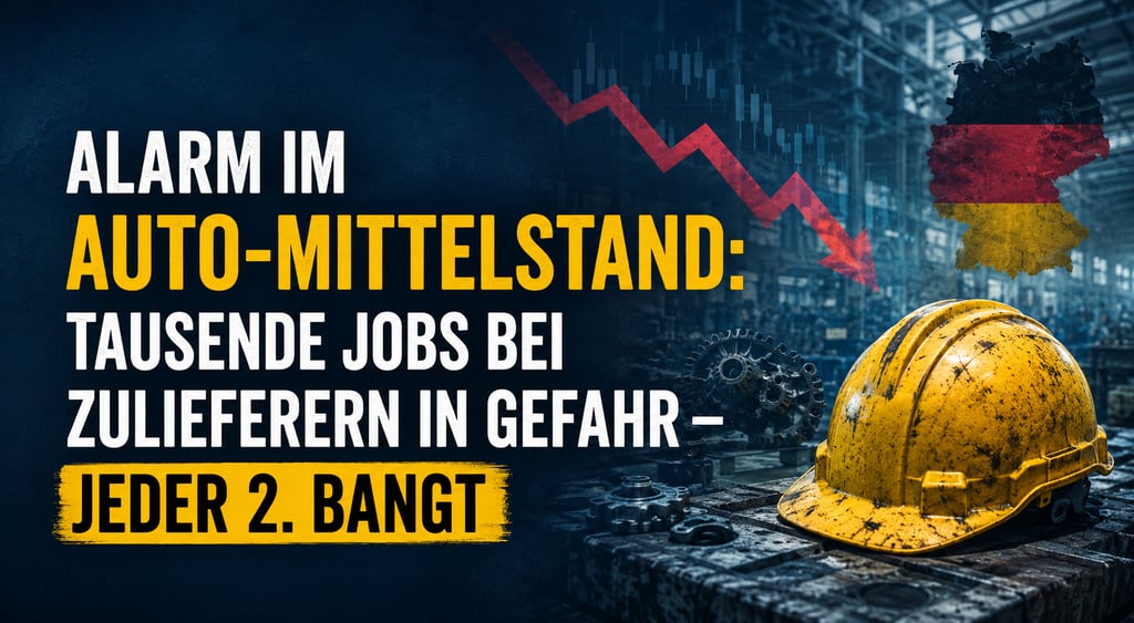 Infographic about German automotive industry job losses featuring a yellow hard hat and a declining red arrow.