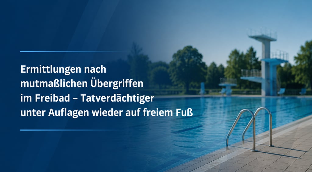 Deutsche Nachrichtenschlagzeile über einem Freibad mit Sprungturm und blauem Wasser.