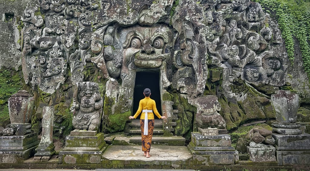 Entrance of Goa Gajah Temple in Ubud, Bali, featuring an ancient stone face carved into the rock