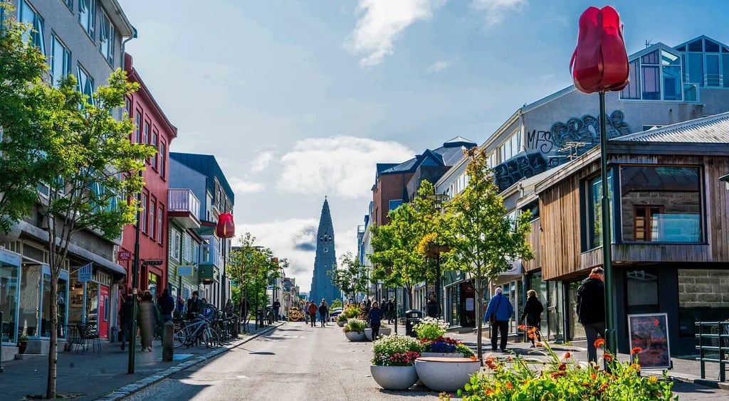 Panorama von Reykjavík mit farbenfrohen Häusern, dem Hafen und den umliegenden Bergen unter klarem Himmel.