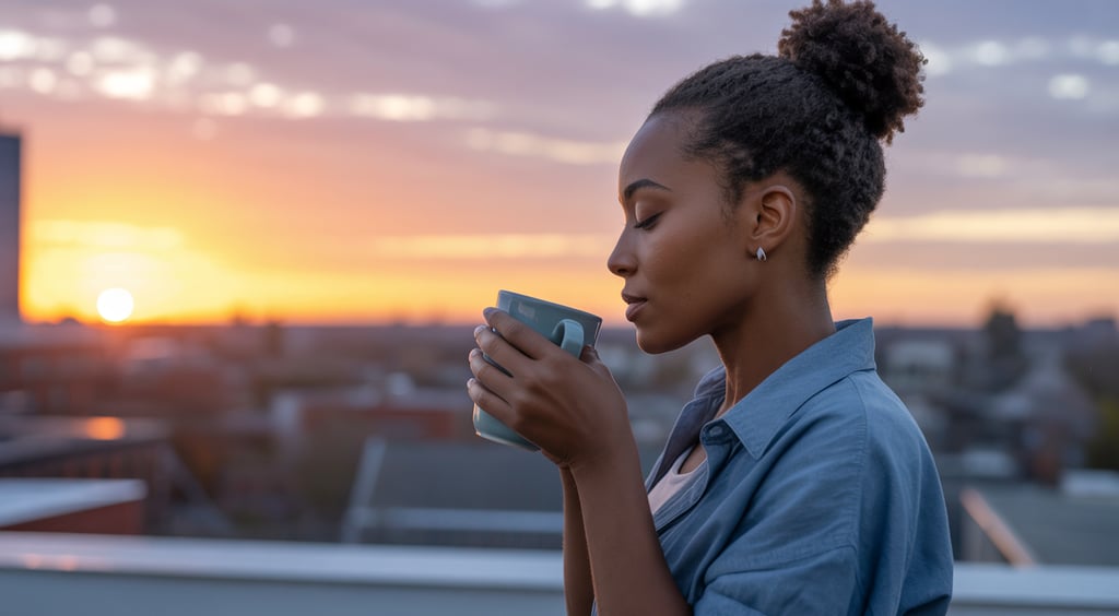 a woman with a cup of coffee in the morning