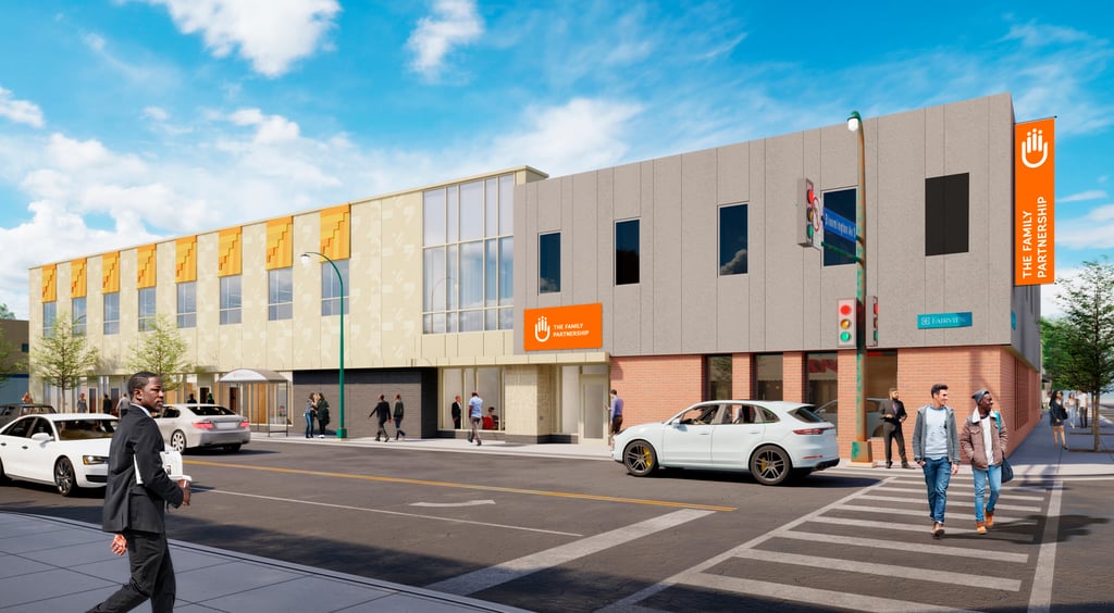 Mockup of Family Partnership building with signage.