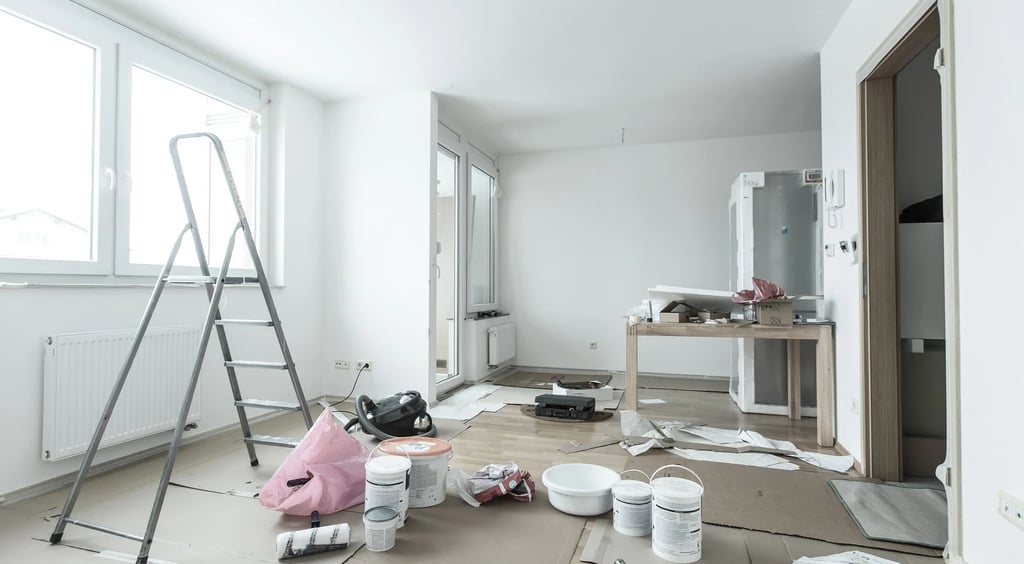 painting materials and equipment in a room