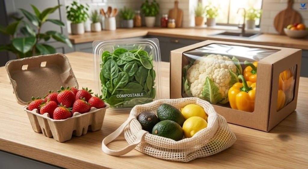Eco-friendly food packaging using recyclable and compostable materials with fresh fruits