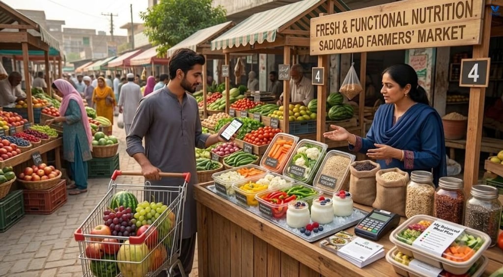 Local farmers market with colorful displays of fresh seasonal fruits and vegetables.