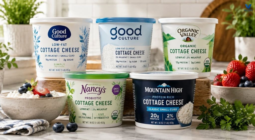A few low fat, organic, high protein cottage cheese containers on the counter top of a kitchen.