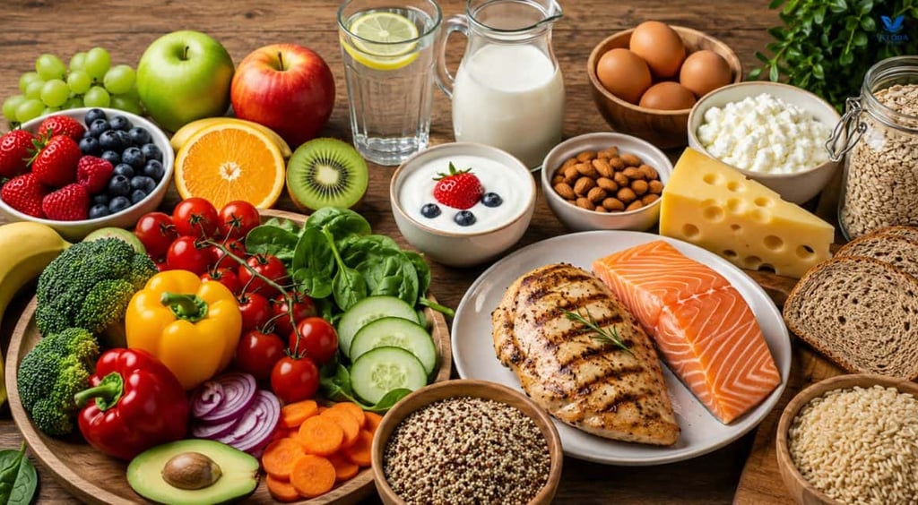 A variety of fresh vitamin packed foods set out for a balanced fitness nutrition diet.