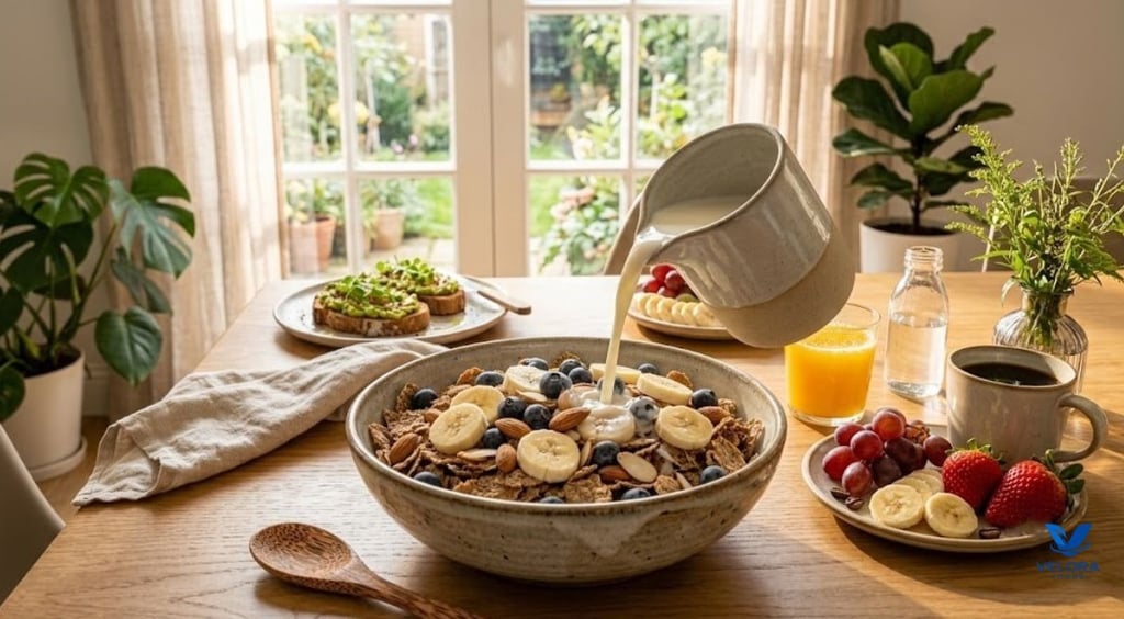 Breakfast of fiber-rich bran cereal, fruit and almonds.