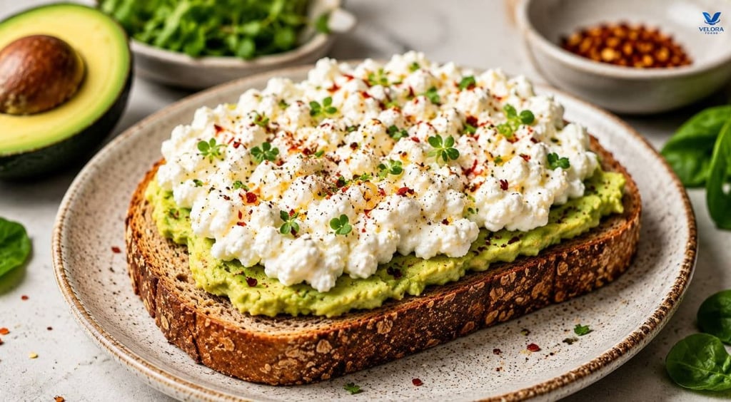 Creamy cottage cheese, chili flakes and fresh herbs on whole-grain avocado toast.