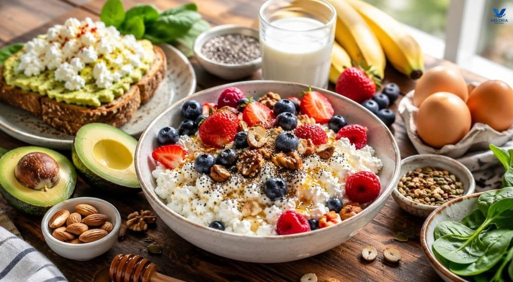 Creamy cottage cheese with a handful of fresh berries, nuts, chia seeds and honey 