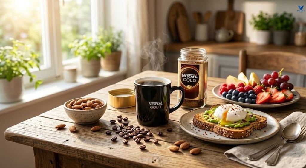 Cup of Nescafé Gold coffee beside coffee beans and healthy breakfast on a wooden table