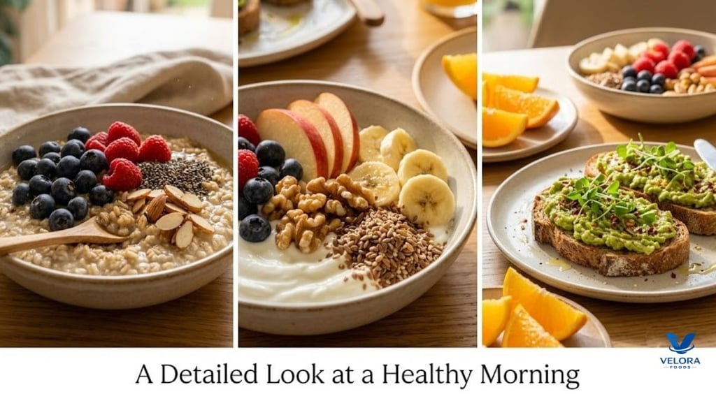 Dietary oatmeal, avocado toast with berries and greek yogurt for breakfast.