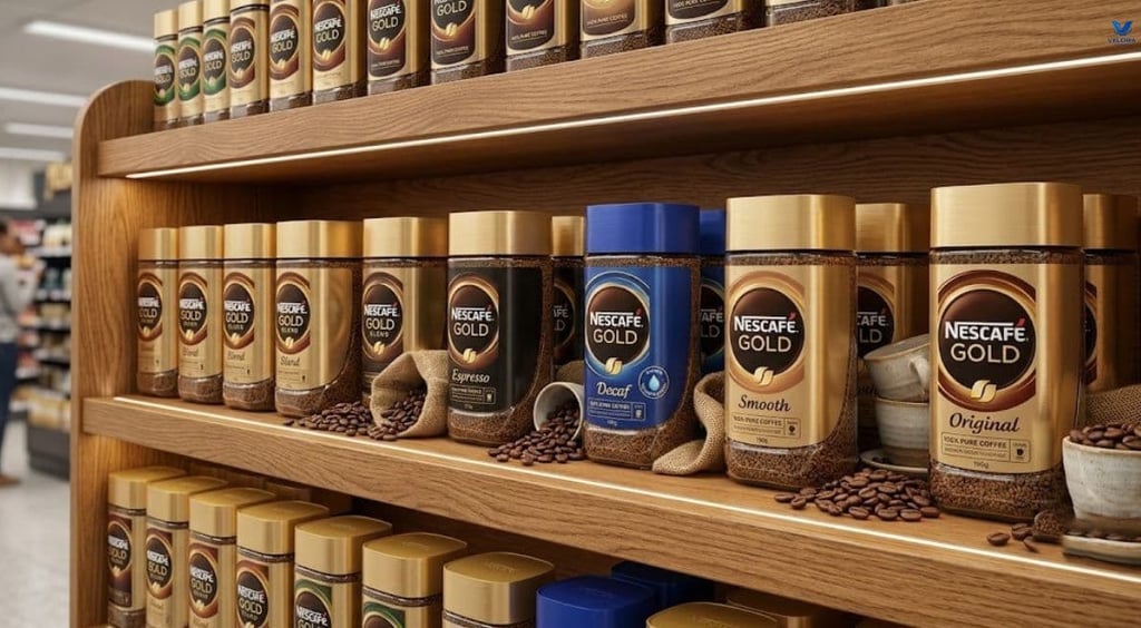 Different Nescafé Gold coffee varieties including Original, Decaf and Espresso jars