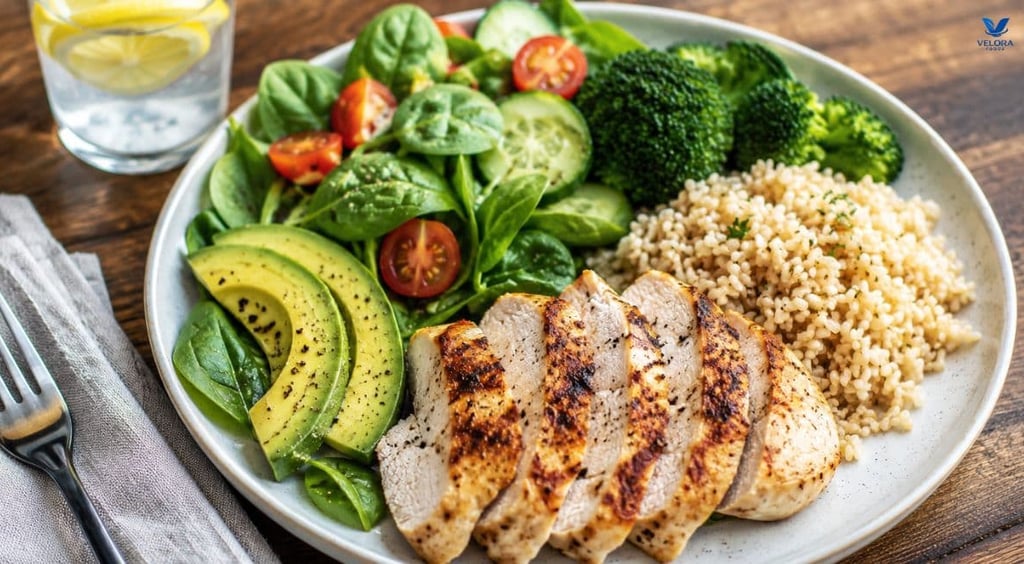 Healthy balanced meal with grilled chicken, brown rice, avocado, broccoli, spinach, and fresh vegeta