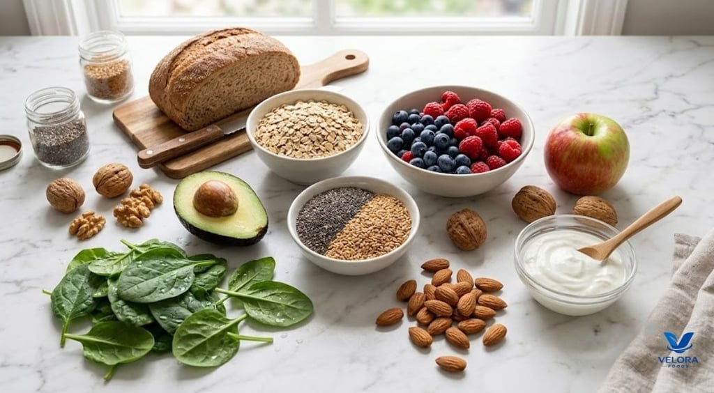 Healthy foods that are typically found in a high fiber breakfast.