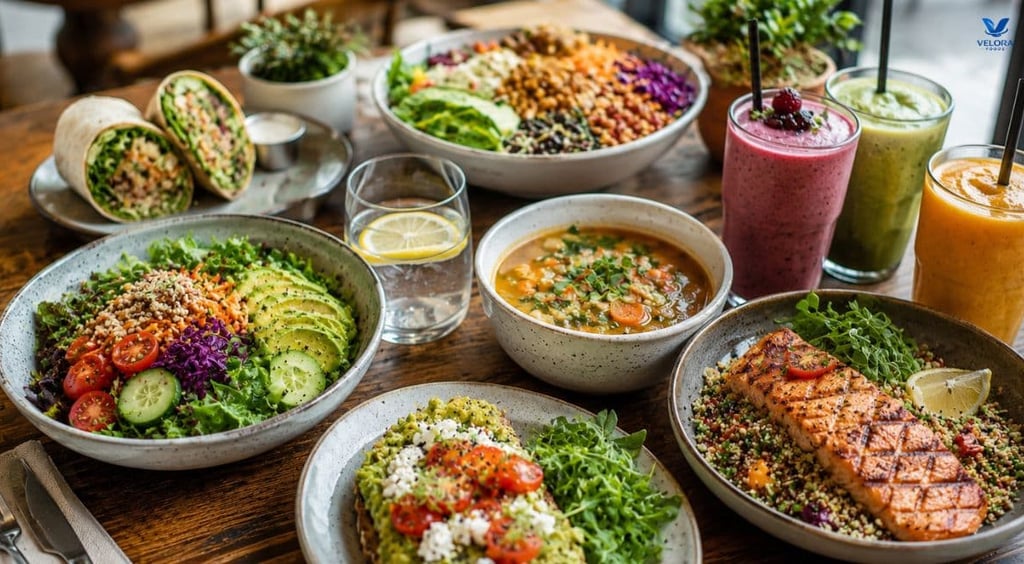 Healthy restaurant serving grilled salmon, quinoa bowl, fresh salad, vegetable soup, smoothie.