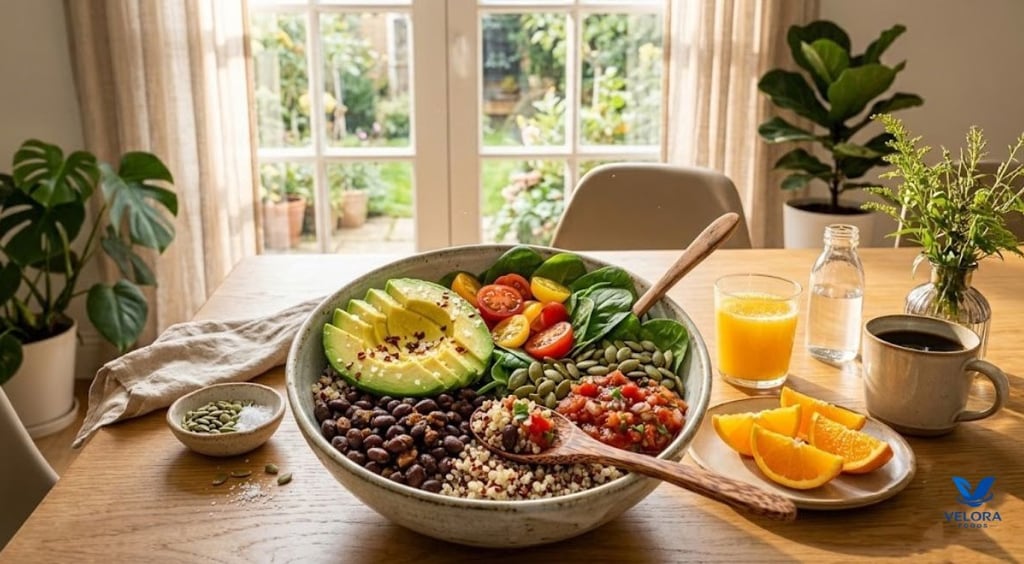 High fiber breakfast bowl: Black beans, quinoa and avocado.