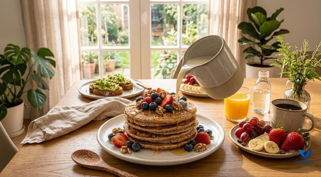 High fiber breakfast of whole wheat pancakes and fresh berries.