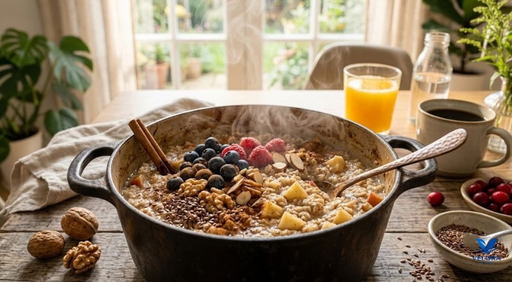 High fiber breakfast with apple cinnamon oatmeal, walnuts and flaxseed.