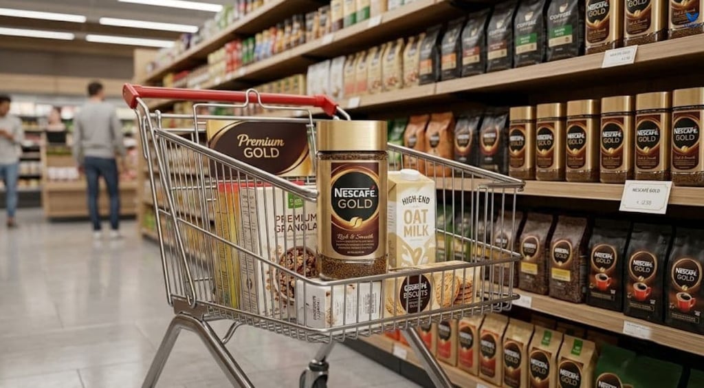Nescafé Gold coffee jar in a supermarket shopping cart