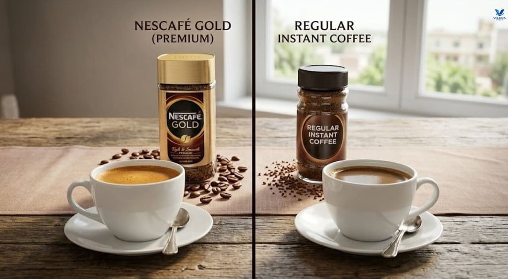 Nescafé Gold compared with regular instant coffee in two coffee cups