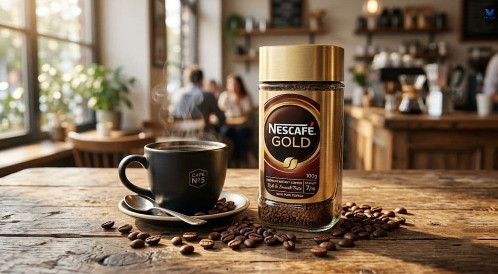 Nescafé Gold premium instant coffee jar with freshly brewed black coffee in a ceramic mug